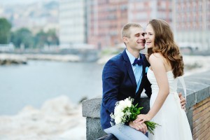 Happy Smiling Couple Bride And Groom In Wedding Day In Naples, I